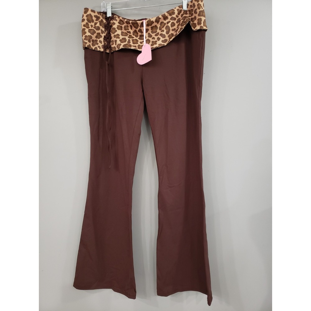 NEW DOLLS KILL SUGAR THRILLZ HOT CRUSH KNIT FOLDOVER YOGA FLARE PANTS LEOPARD